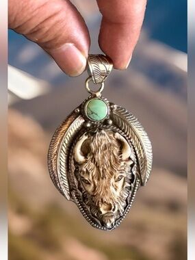 Hand Carved Bone Pendant,Bison Face Art,Green Turquoise & Silver,3”inch,26grams